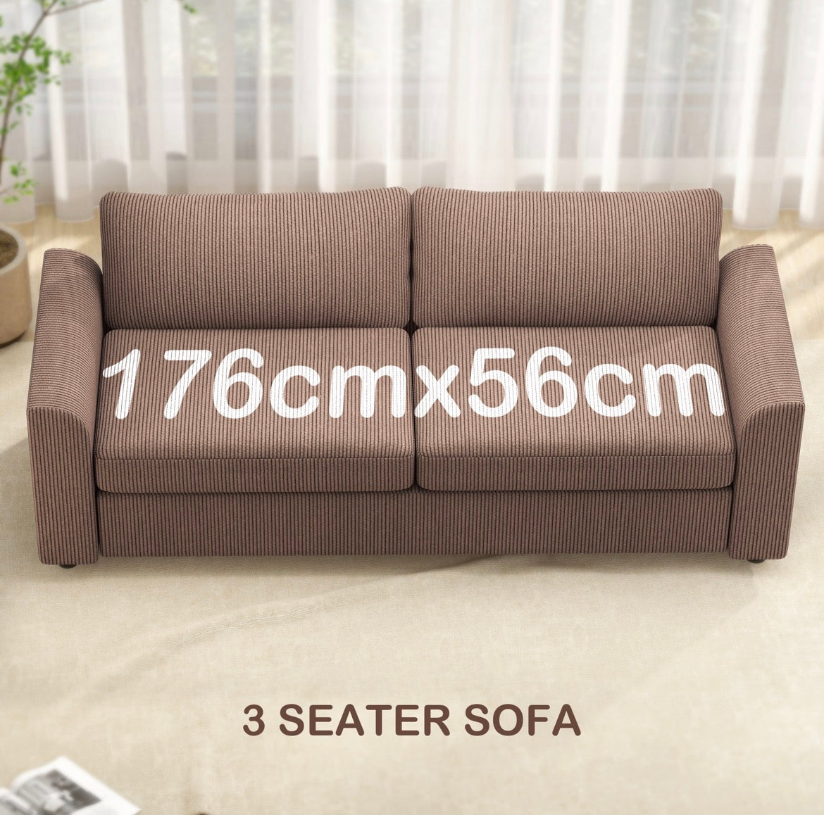 Modern 3 Seater Sofa with Spring Cushion, 212 cm Fabric Jumbo Cord Sofa Couch with 2 Scatter Cushions, Upholstered Corduroy Settee for Living Room, Bedroom, Home Office