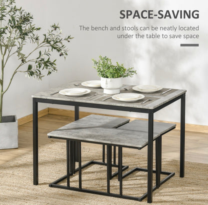 Concrete Effect Dining Table and Chairs Set for 4 People with Steel Frame Grey 4 Piece Kitchen Table and Bench Set