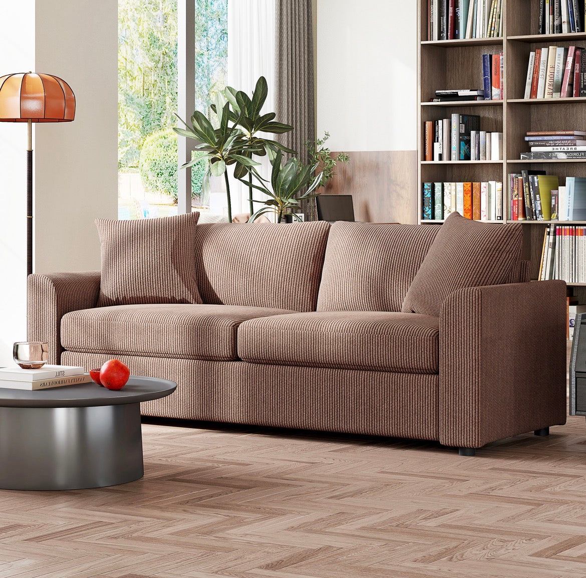 Modern 3 Seater Sofa with Spring Cushion, 212 cm Fabric Jumbo Cord Sofa Couch with 2 Scatter Cushions, Upholstered Corduroy Settee for Living Room, Bedroom, Home Office
