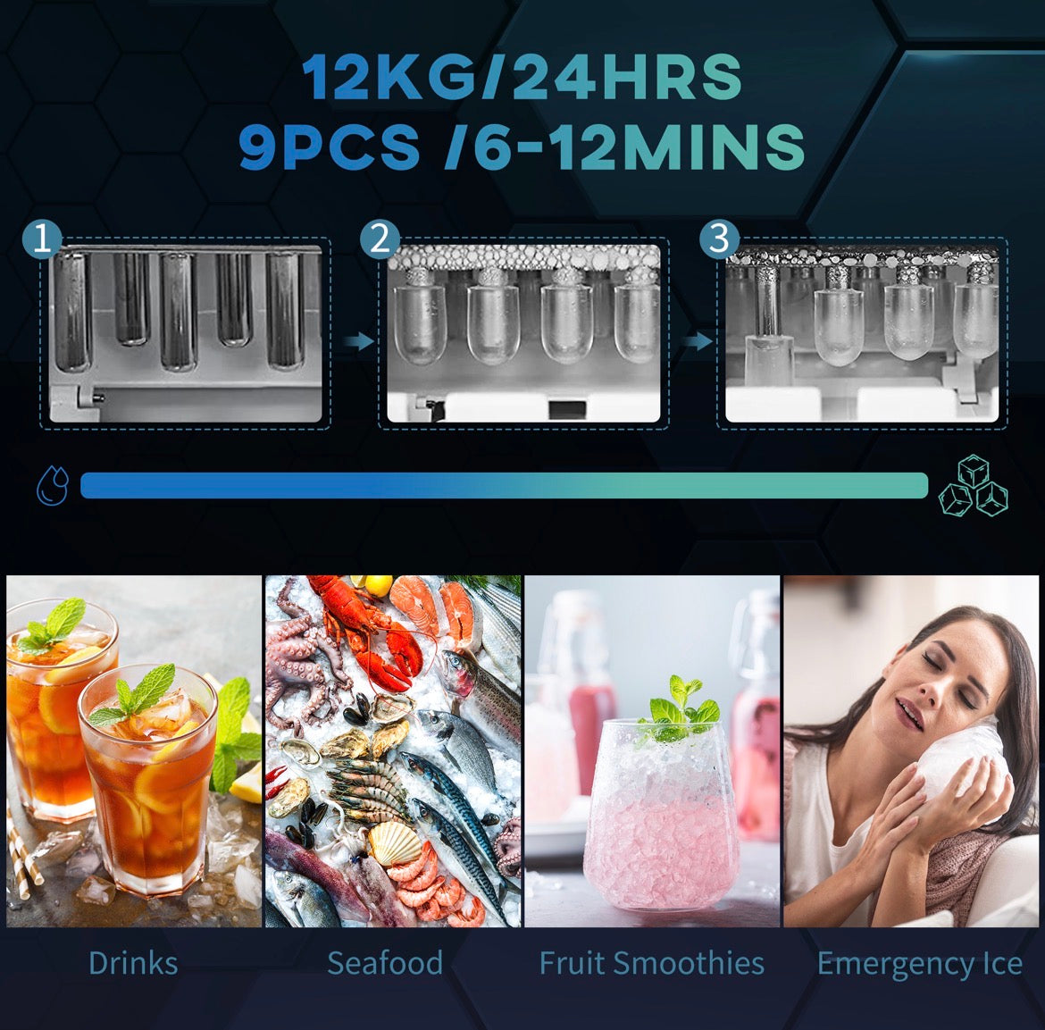 Portable Ice Maker Machine Countertop 12 KG in 24 H 9 Cubes in 6 Mins with Handle Ice Scoop and Basket for Home Office Kitchen Bar Party RV