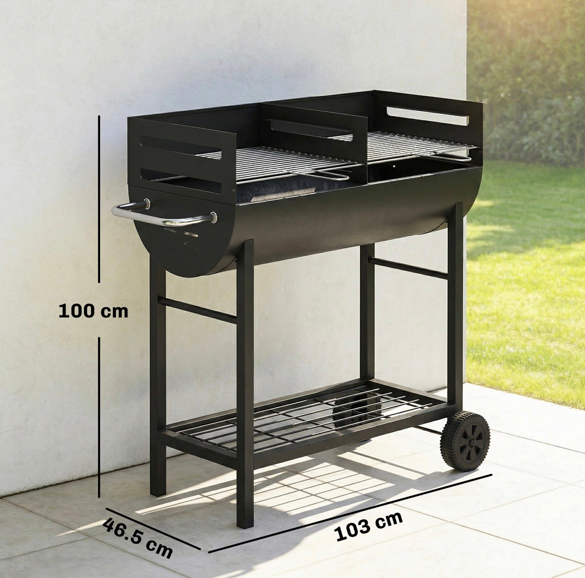Charcoal Barbecue Grill with 2 Cooking Areas, Portable BBQ Trolley with Wheels, Height Adjustable Grates, Bottom Shelf