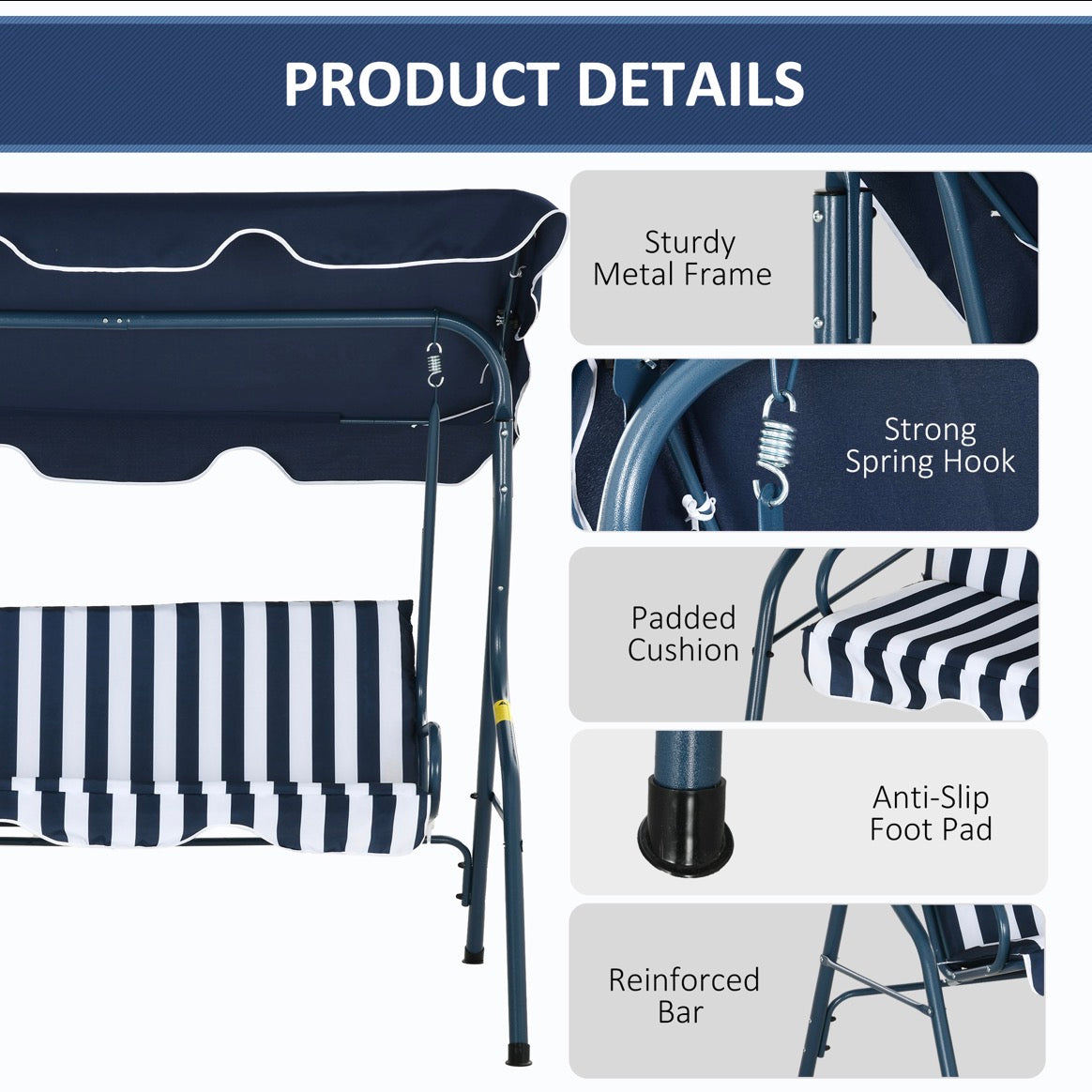 3-Seater Garden Swing Seat With Adjustable Canopy and Cushion
