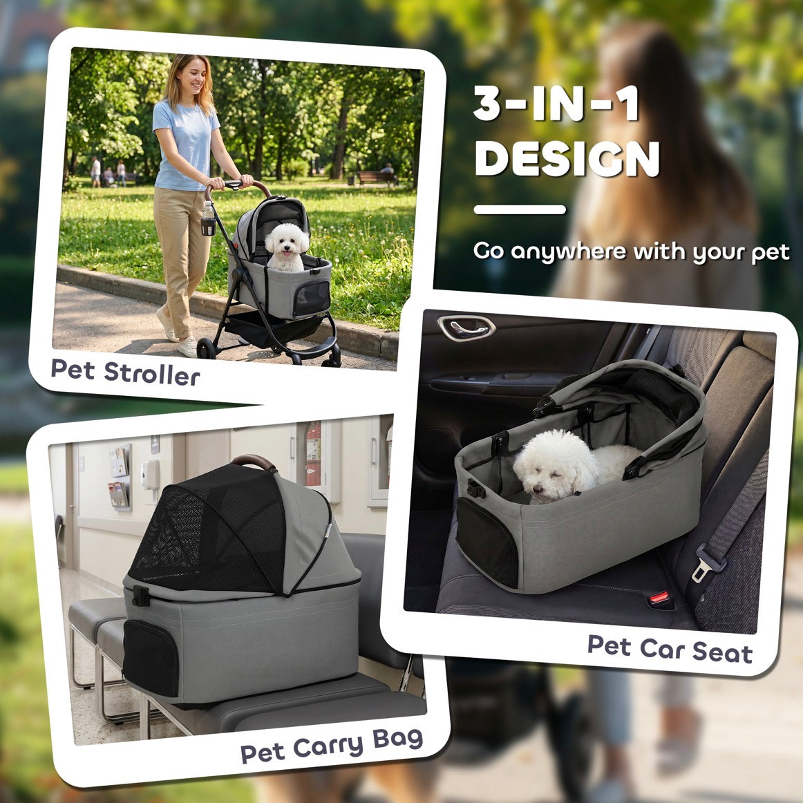 PawHut Dog Stroller, 3 in 1 Foldable Pet Stroller for Small Puppy Cat with Detachable Travel Carrier, Storage Basket