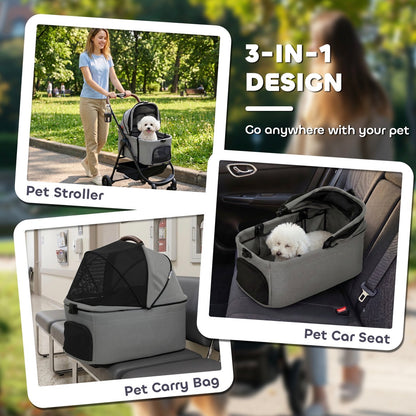 PawHut Dog Stroller, 3 in 1 Foldable Pet Stroller for Small Puppy Cat with Detachable Travel Carrier, Storage Basket