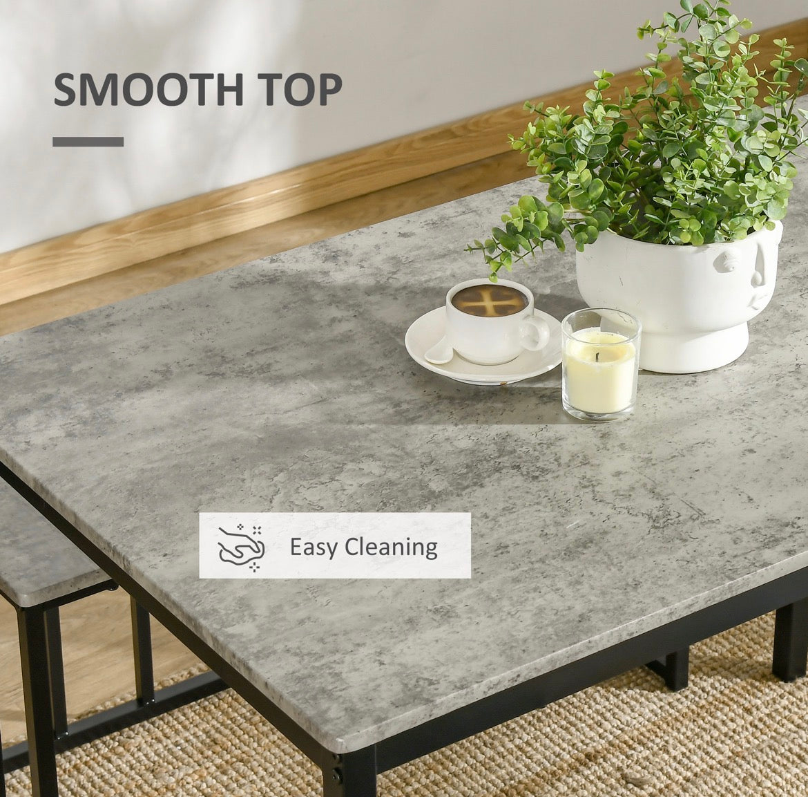 Concrete Effect Dining Table and Chairs Set for 4 People with Steel Frame Grey 4 Piece Kitchen Table and Bench Set