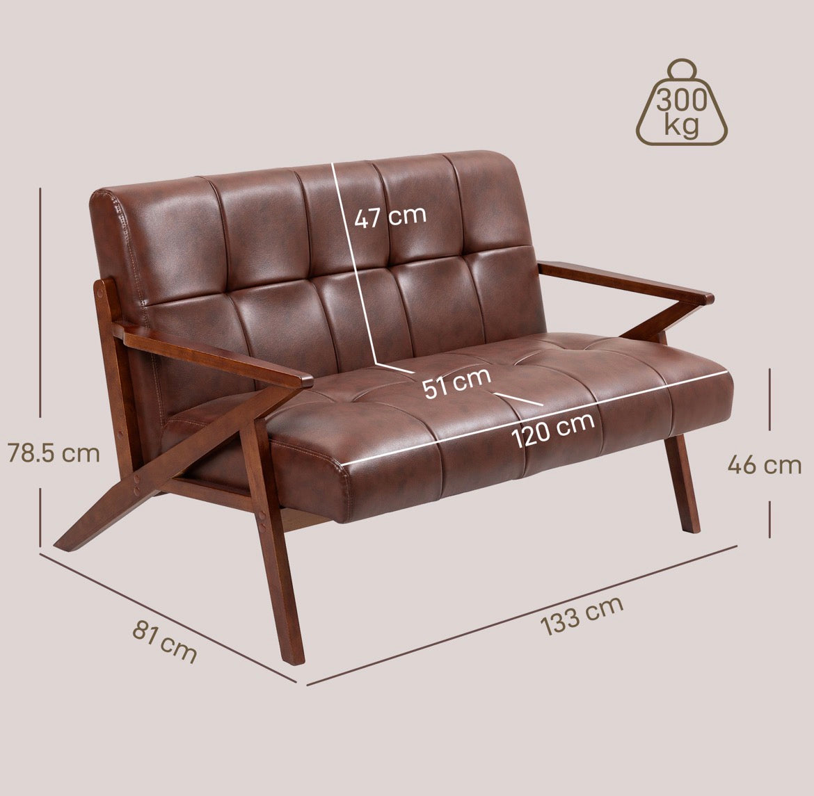 2-Seater Vintage PU Leather Sofa – Brown