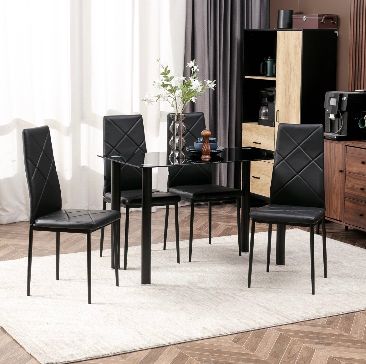 Modern Dining Table Set for 4, Space-Saving 5 Pieces Kitchen Table Set with Rectangle Table and Steel Frame