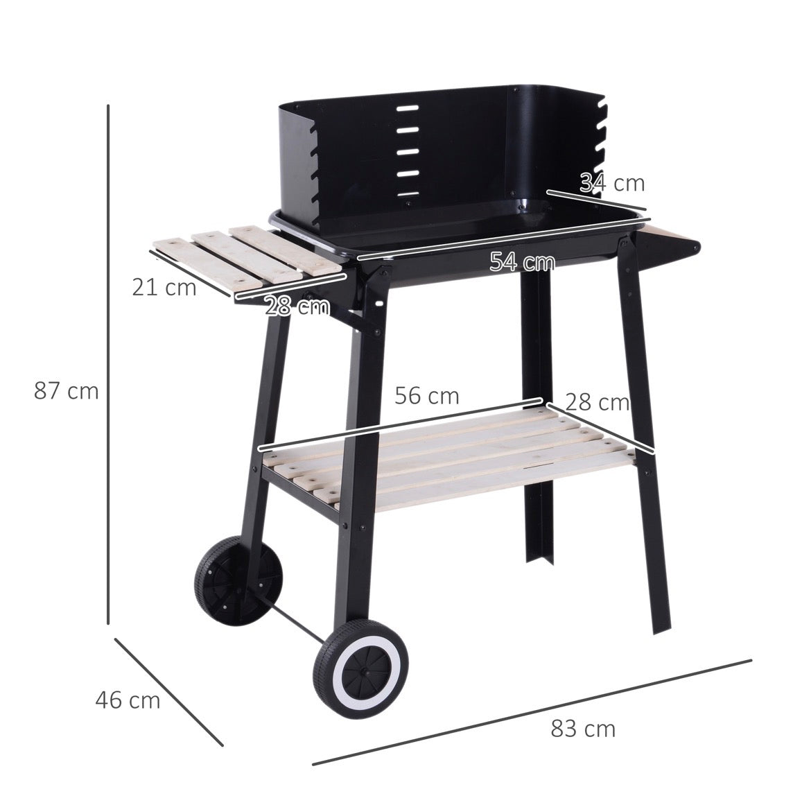 Charcoal BBQ Barbecue Grill Outdoor Patio Garden Heating Smoker with Side Trays Storage Shelf and Wheels