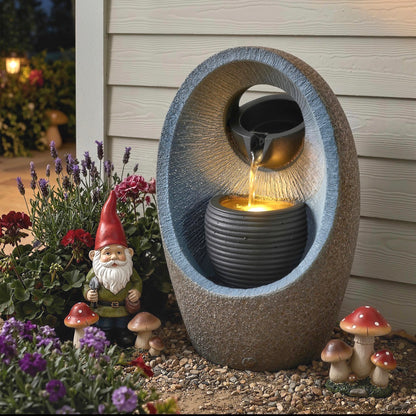 Water Feature with 2-Tier Bowls, Garden Water Fountain with Pump and LED Lights, Resin Cascading Waterfall