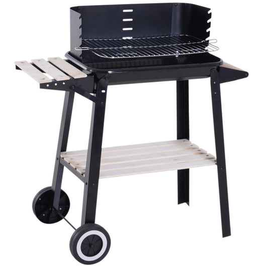 Charcoal BBQ Barbecue Grill Outdoor Patio Garden Heating Smoker with Side Trays Storage Shelf and Wheels