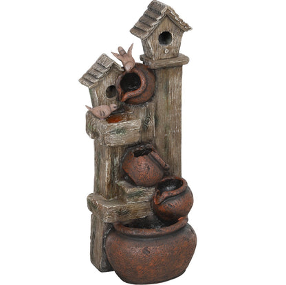 2-in-1 Waterfall Fountain with Birdhouse, Resin Garden Water Fountain with LED Lights Pump, Cascading Garden Water Feature with Tree Trunk Design, Multi-colour