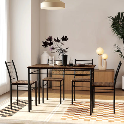 Five-Piece Minimal Dining Set Oak-Effect Black Table & Chairs Modern Home Furniture