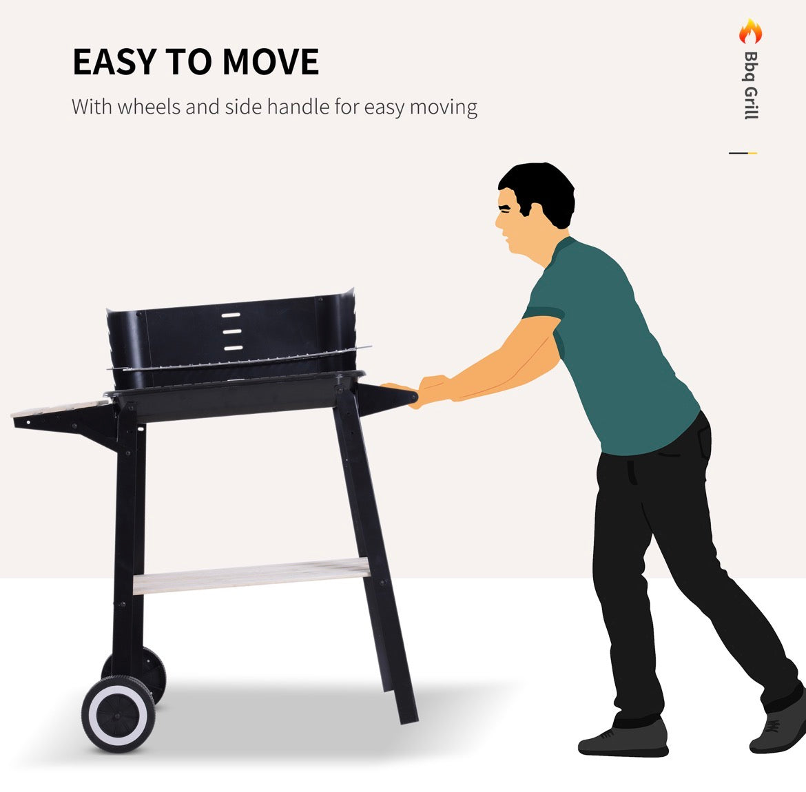 Charcoal BBQ Barbecue Grill Outdoor Patio Garden Heating Smoker with Side Trays Storage Shelf and Wheels
