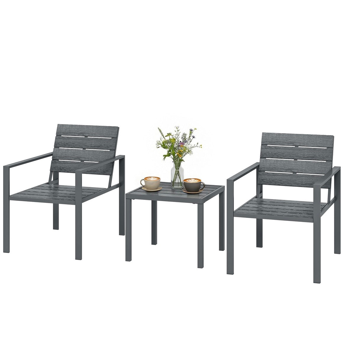 3 Pieces Garden Bistro Set for Outdoor Bistro Table and Chairs with Metal Frame Plastic Patio Furniture Set
