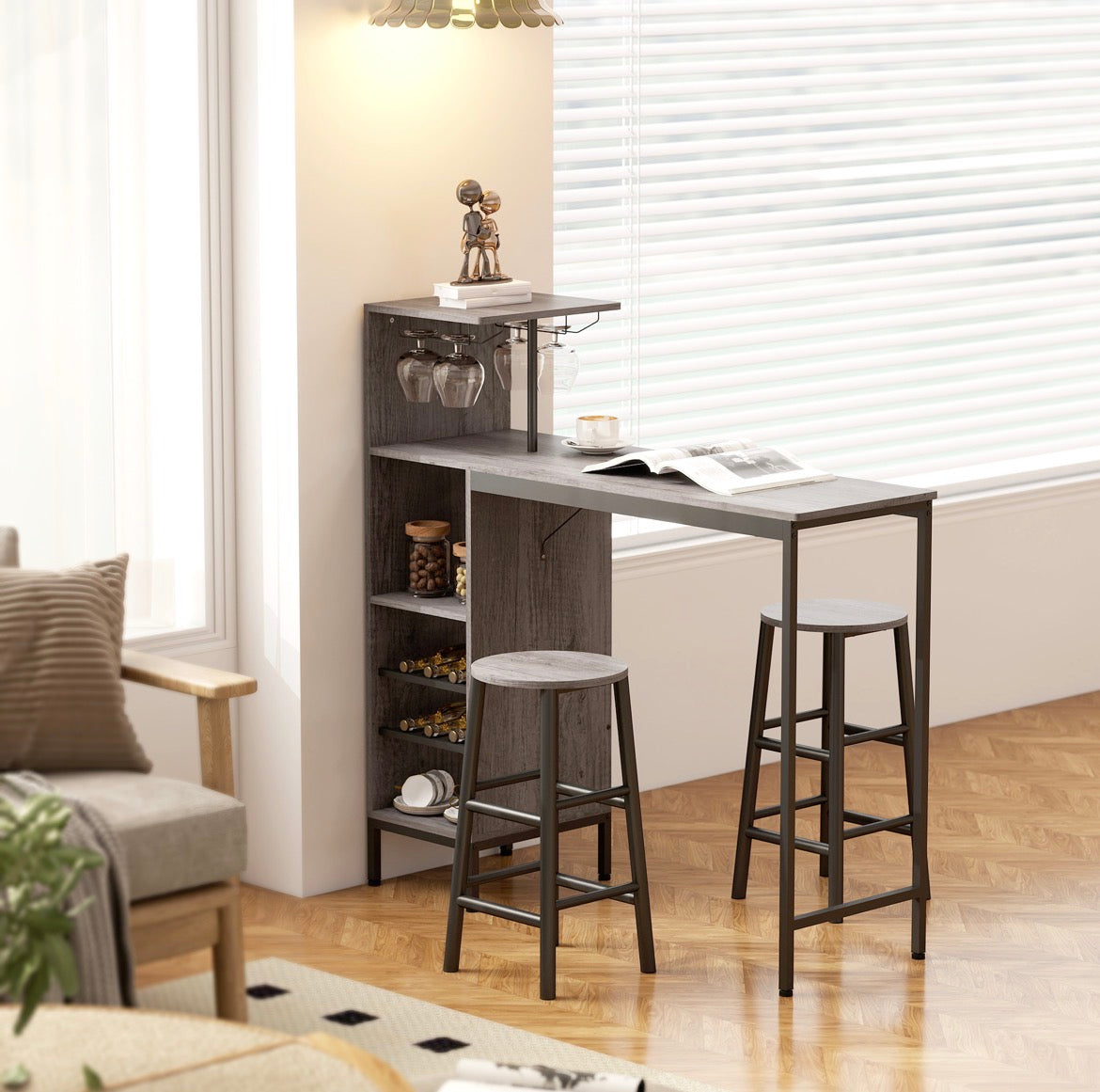 3 Pieces Dining Room Set, 2 Round Stools with Footrest, 6-Tier Dining Table with Storage Shelves