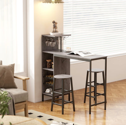 3 Pieces Dining Room Set, 2 Round Stools with Footrest, 6-Tier Dining Table with Storage Shelves