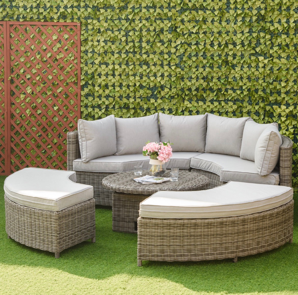 5 Pieces Outdoor PE Rattan Round Garden Daybed with Cushions, Aluminium Lounge Chair Conversation Sofa Set with Liftable Coffee Table and Protect Cover