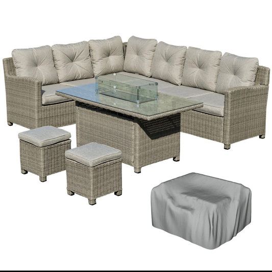 8-Seater Outdoor PE Rattan Sofa Set Conversation Set w/ Fire Pit Table, L-Shape Sofa, Footstool and Furniture Cover