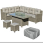 8-Seater Outdoor PE Rattan Sofa Set Conversation Set w/ Fire Pit Table, L-Shape Sofa, Footstool and Furniture Cover
