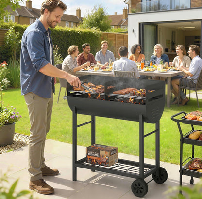 Charcoal Barbecue Grill with 2 Cooking Areas, Portable BBQ Trolley with Wheels, Height Adjustable Grates, Bottom Shelf