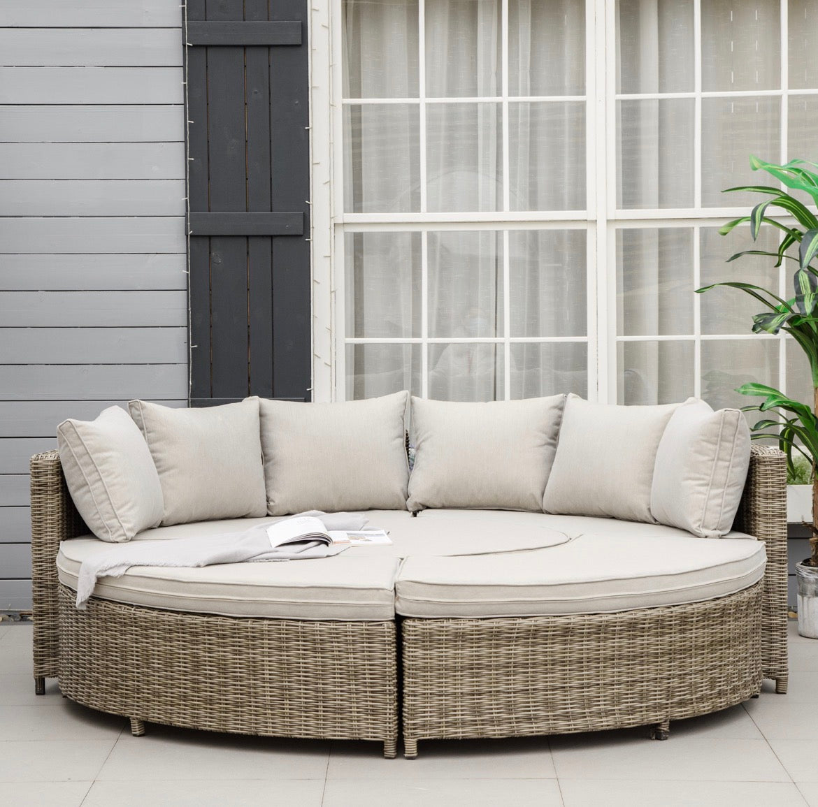 5 Pieces Outdoor PE Rattan Round Garden Daybed with Cushions, Aluminium Lounge Chair Conversation Sofa Set with Liftable Coffee Table and Protect Cover