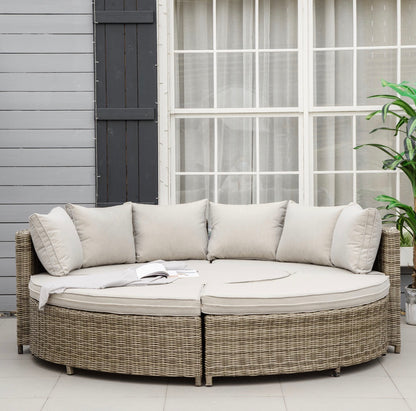 5 Pieces Outdoor PE Rattan Round Garden Daybed with Cushions, Aluminium Lounge Chair Conversation Sofa Set with Liftable Coffee Table and Protect Cover
