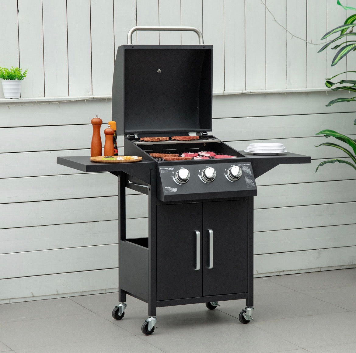 3 Burner Gas BBQ Grill Outdoor Portable Barbecue Trolley w/ Warming Rack, Side Shelves, Storage Cabinet