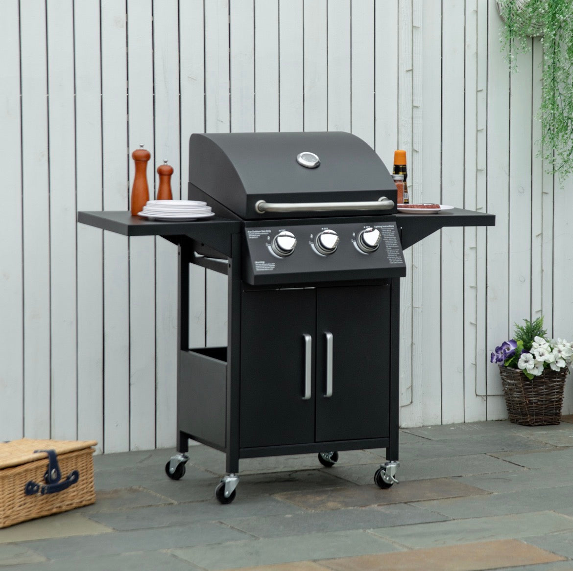 3 Burner Gas BBQ Grill Outdoor Portable Barbecue Trolley w/ Warming Rack, Side Shelves, Storage Cabinet