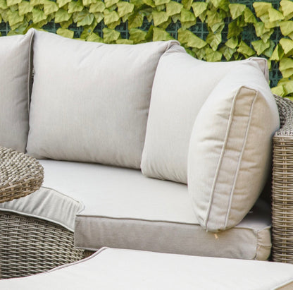 5 Pieces Outdoor PE Rattan Round Garden Daybed with Cushions, Aluminium Lounge Chair Conversation Sofa Set with Liftable Coffee Table and Protect Cover