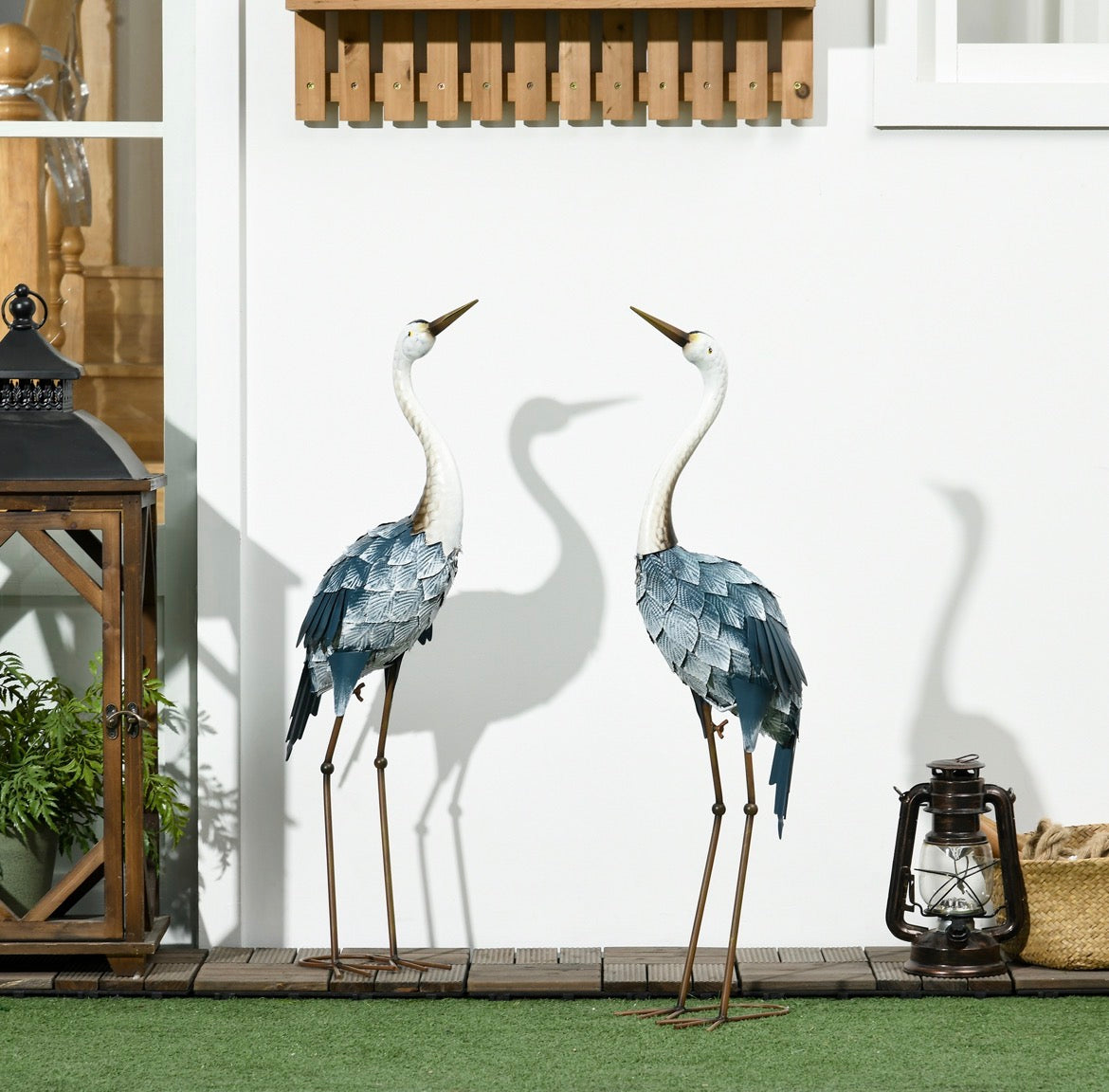 Crane Garden Ornaments, 2 PCS Steel Garden Statue Set Gifts, Water and Rust Resistant Sculptures for Patio Pond Landscape Decoration, Multi-Colour