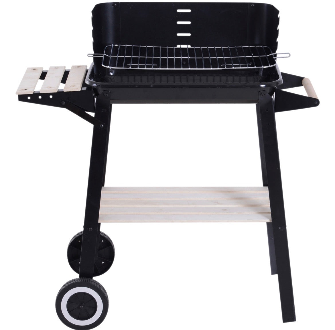 Charcoal BBQ Barbecue Grill Outdoor Patio Garden Heating Smoker with Side Trays Storage Shelf and Wheels