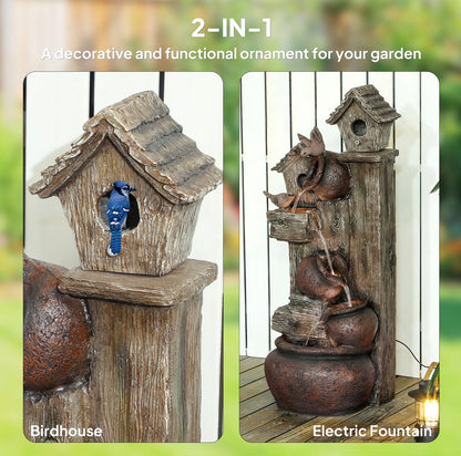 2-in-1 Waterfall Fountain with Birdhouse, Resin Garden Water Fountain with LED Lights Pump, Cascading Garden Water Feature with Tree Trunk Design, Multi-colour