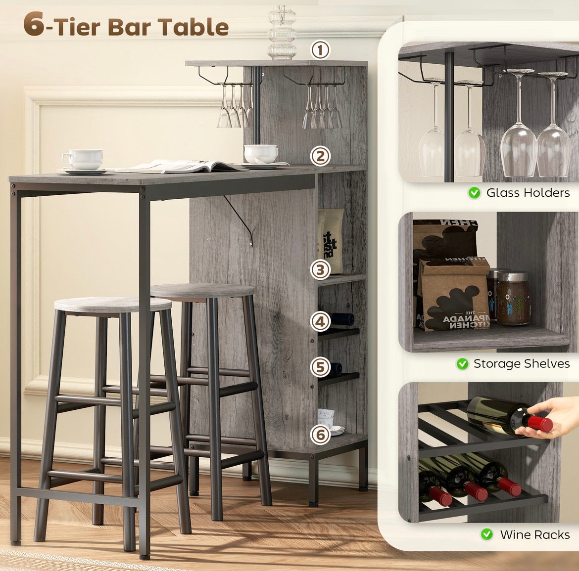 3 Pieces Dining Room Set, 2 Round Stools with Footrest, 6-Tier Dining Table with Storage Shelves