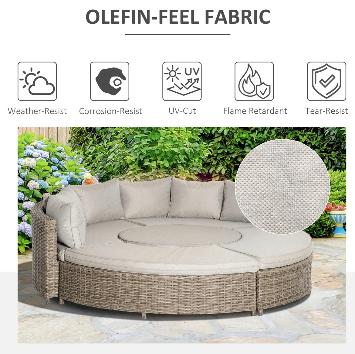 5 Pieces Outdoor PE Rattan Round Garden Daybed with Cushions, Aluminium Lounge Chair Conversation Sofa Set with Liftable Coffee Table and Protect Cover