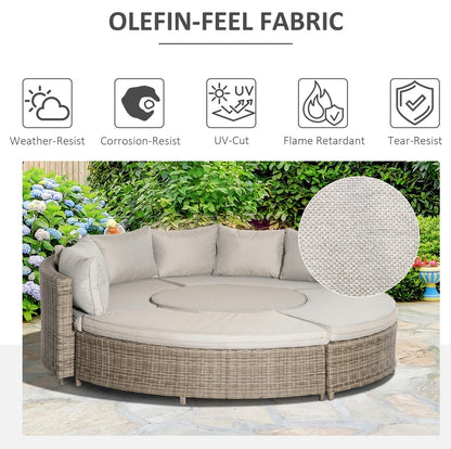 5 Pieces Outdoor PE Rattan Round Garden Daybed with Cushions, Aluminium Lounge Chair Conversation Sofa Set with Liftable Coffee Table and Protect Cover
