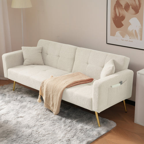 3-Seater Sofa Bed With Three Adjustable Backrest Angles, Gold Legs, Cushions And Side Storage Pockets.