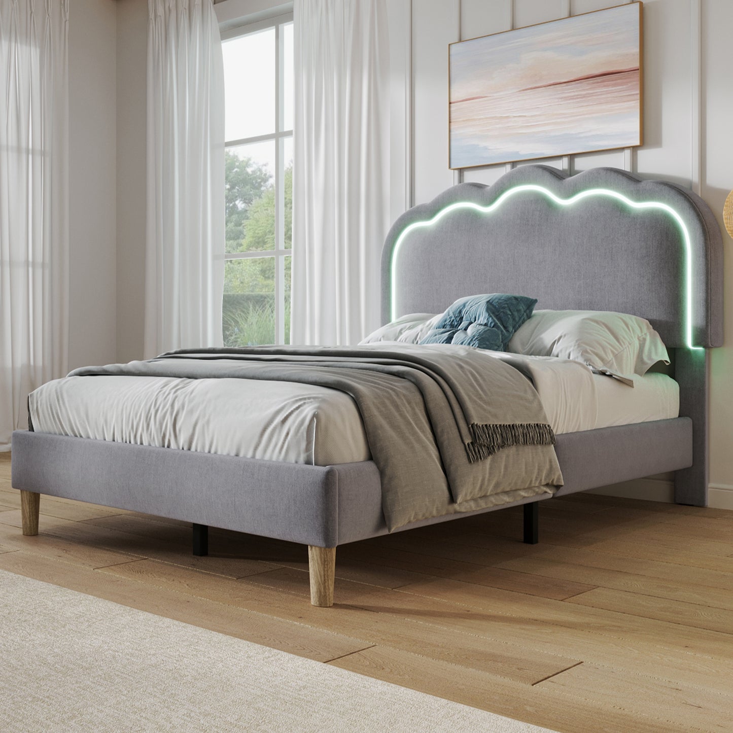 Grey Linen Single Bed 3ft with LED Lights