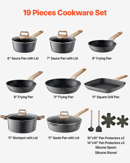 19-Piece Granite Nonstick Cookware Set - Black