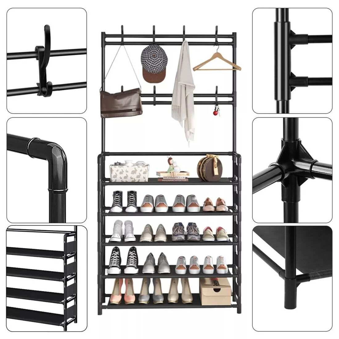 Black Metal Coat Stand with 5-Tier Shoe Rack