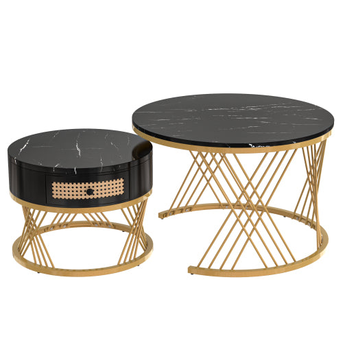 2-in-1 Coffee Table - Round Marble & Rattan
