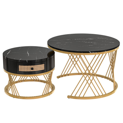 2-in-1 Coffee Table - Round Marble & Rattan
