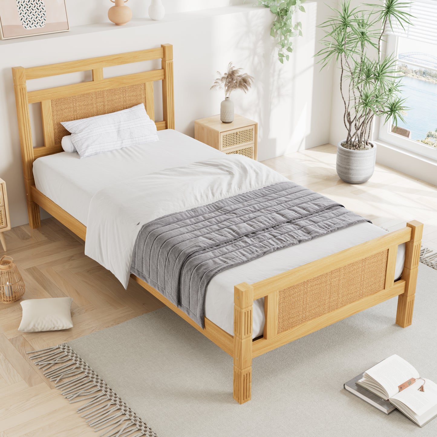 Wooden Single Bed 3ft - Rattan Style