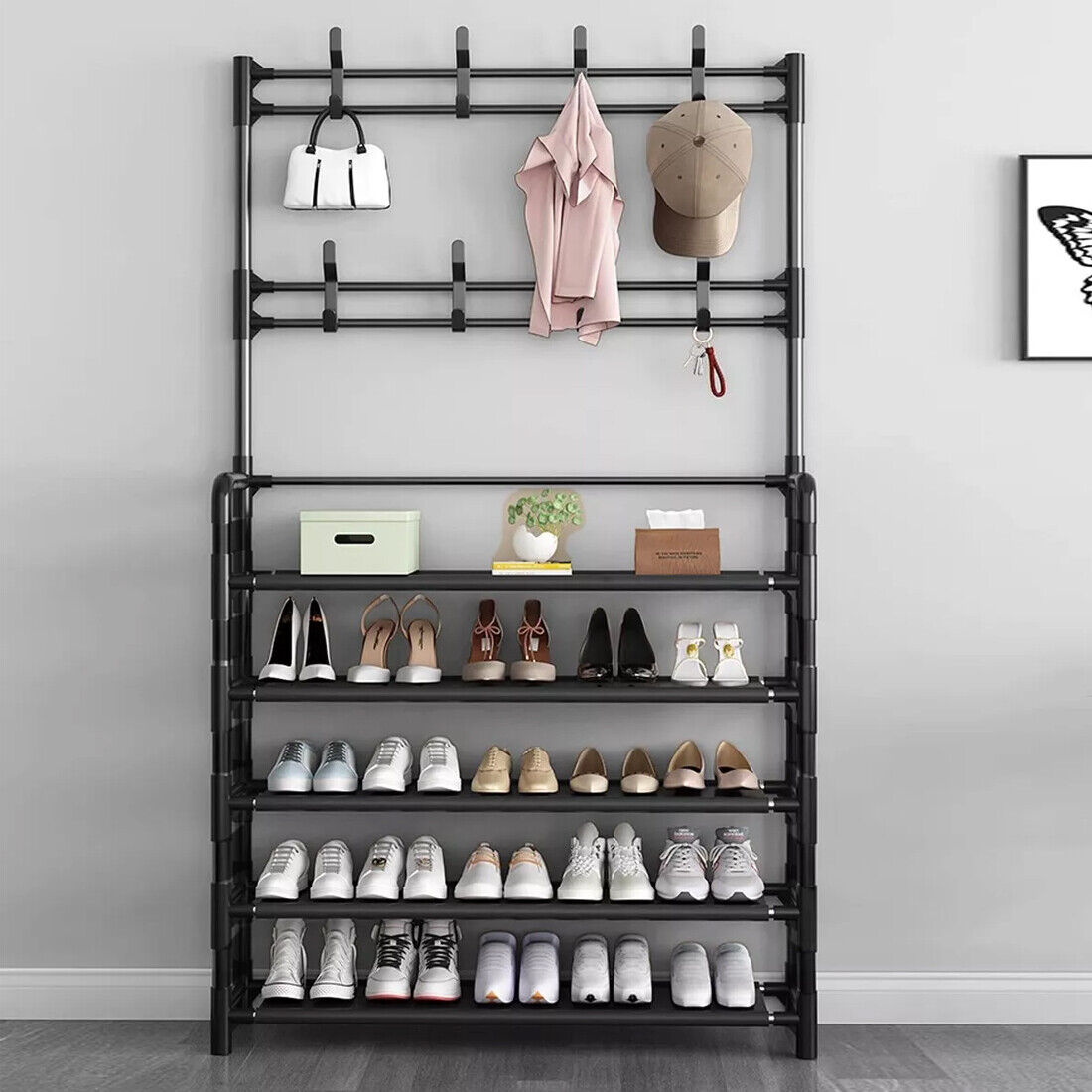 Black Metal Coat Stand with 5-Tier Shoe Rack