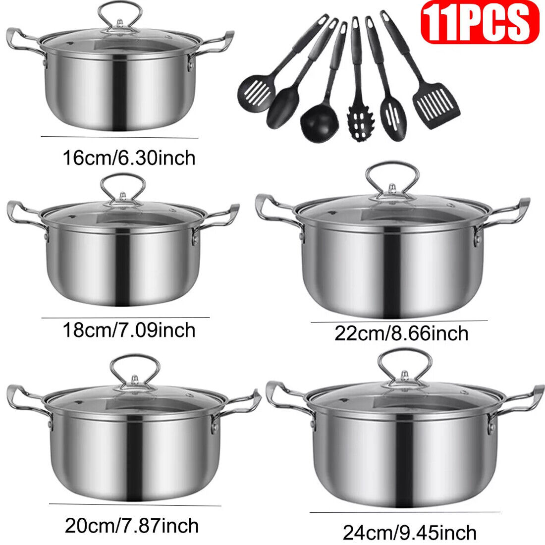 11PCS Induction Cookware Set Non Stick Stainless Steel Pots & Pans with Lids for Modern Kitchen