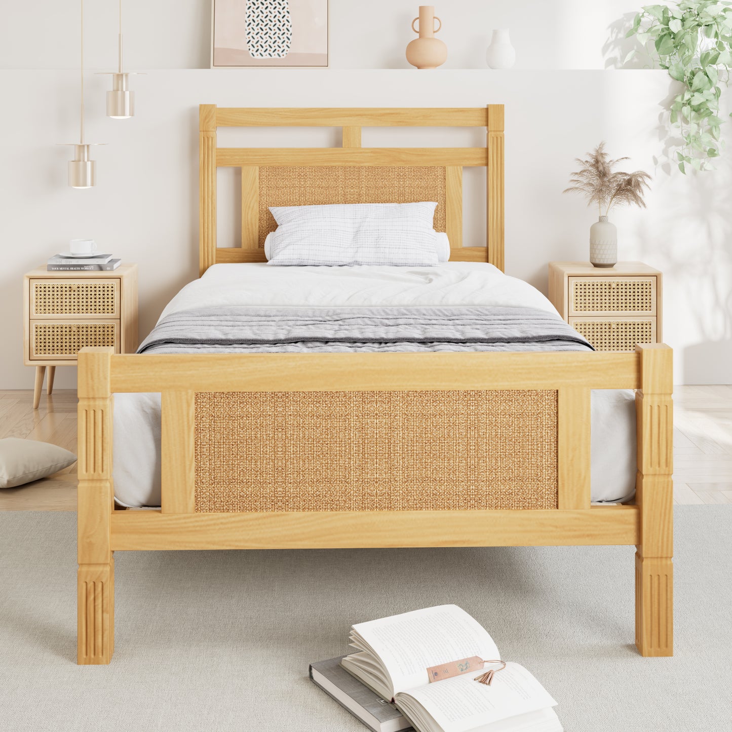 Wooden Single Bed 3ft - Rattan Style