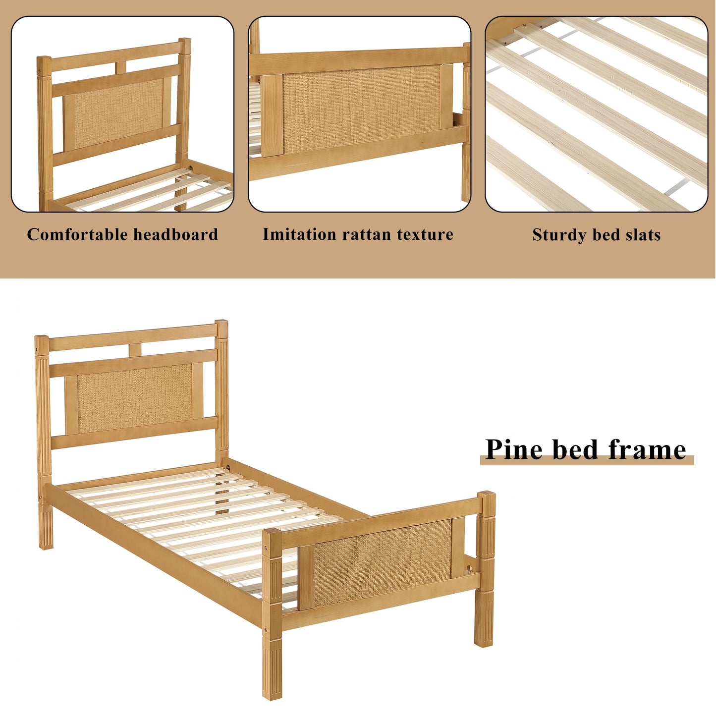Wooden Single Bed 3ft - Rattan Style