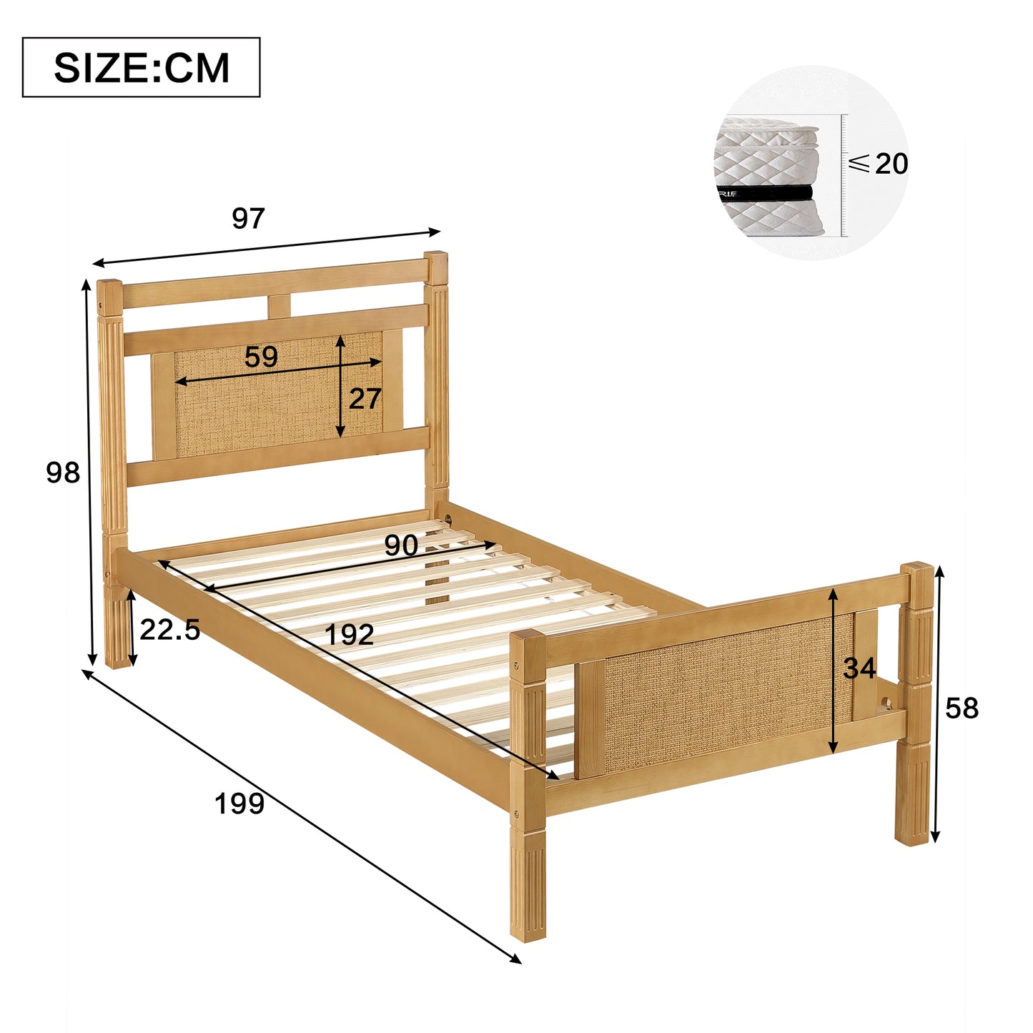 Wooden Single Bed 3ft - Rattan Style