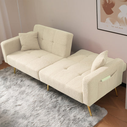 3-Seater Sofa Bed With Three Adjustable Backrest Angles, Gold Legs, Cushions And Side Storage Pockets.