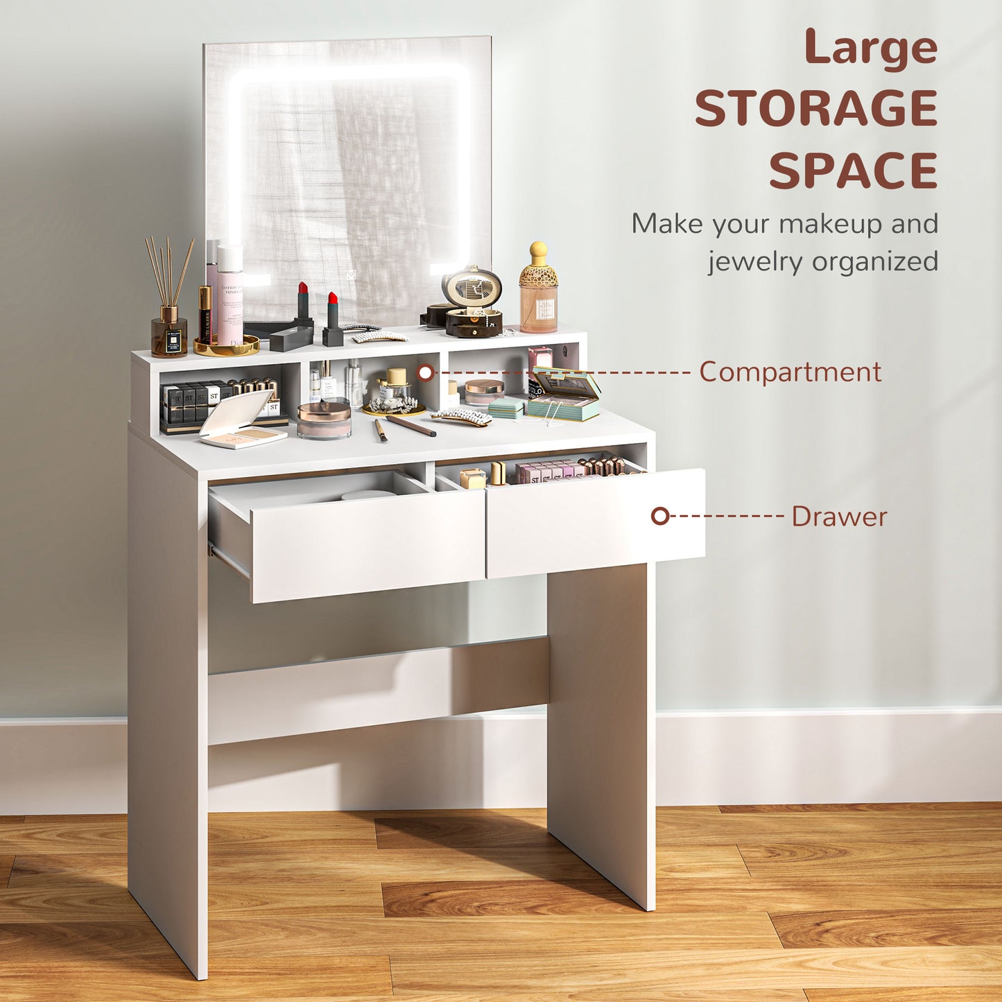 Storage Dressing Table, With LED Light Mirror