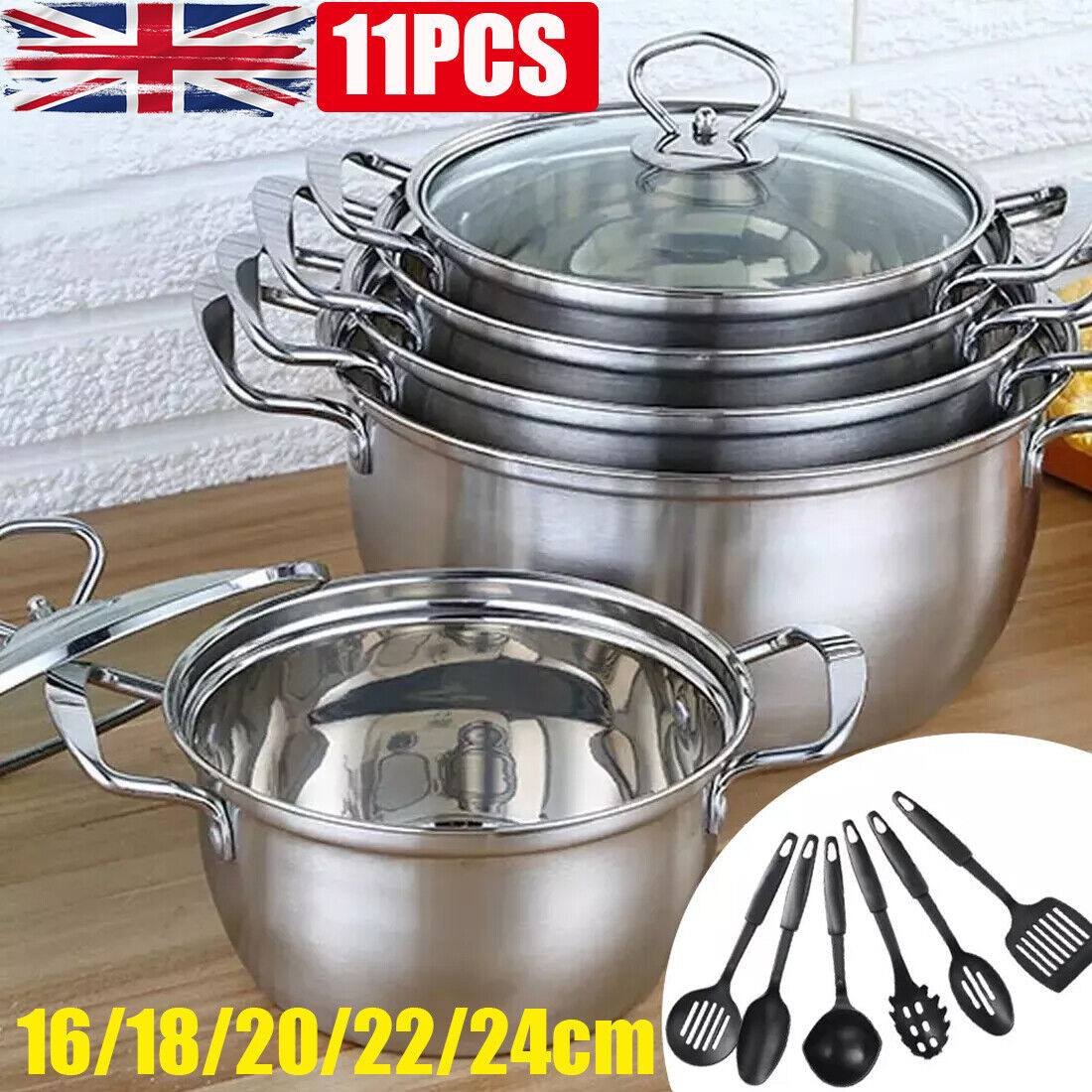 11PCS Induction Cookware Set Non Stick Stainless Steel Pots & Pans with Lids for Modern Kitchen